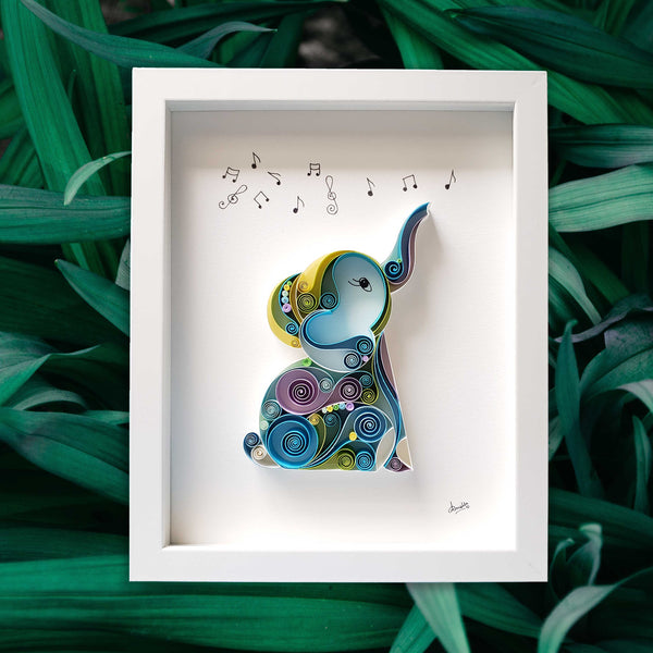 Blue baby elephant, raised trunk, catching music symbols, gift for new baby, babyshower, birthday, good luck gift, wild life love, elephant art, gift for wild life lover, gift for animal lover, animal doctor, gift for veterinarian, Fine art, Original art, Wild life art