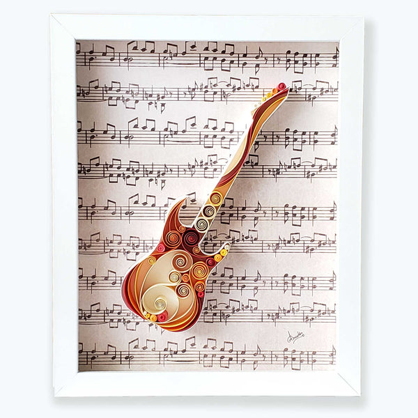 Warm colored Guitar, Earth tones Guitar artwork, pre-printed music notes background, Best gift for teacher, best wedding day gift, best father's day gift, best gift near me, unique, premium, exclusive, microscope artwork, multicolors, original art, paper art
