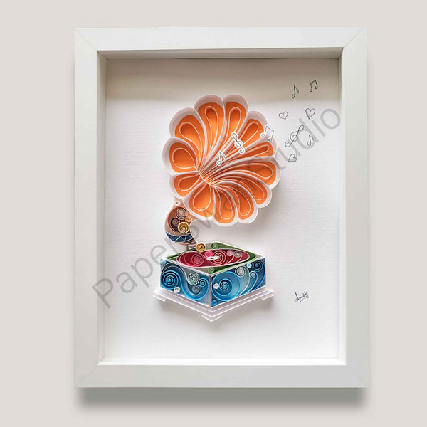 Colorful Gramophone, multicolor recorder artwork, gift for paper anniversary, one of a kind gift, Unique gift, exclusive gift, perfect for music student, explorer, orchestra, conductor, music teacher, Turntable, Recorder lover, music lover, Gramophone art, musicart, original art, plain background, paper art