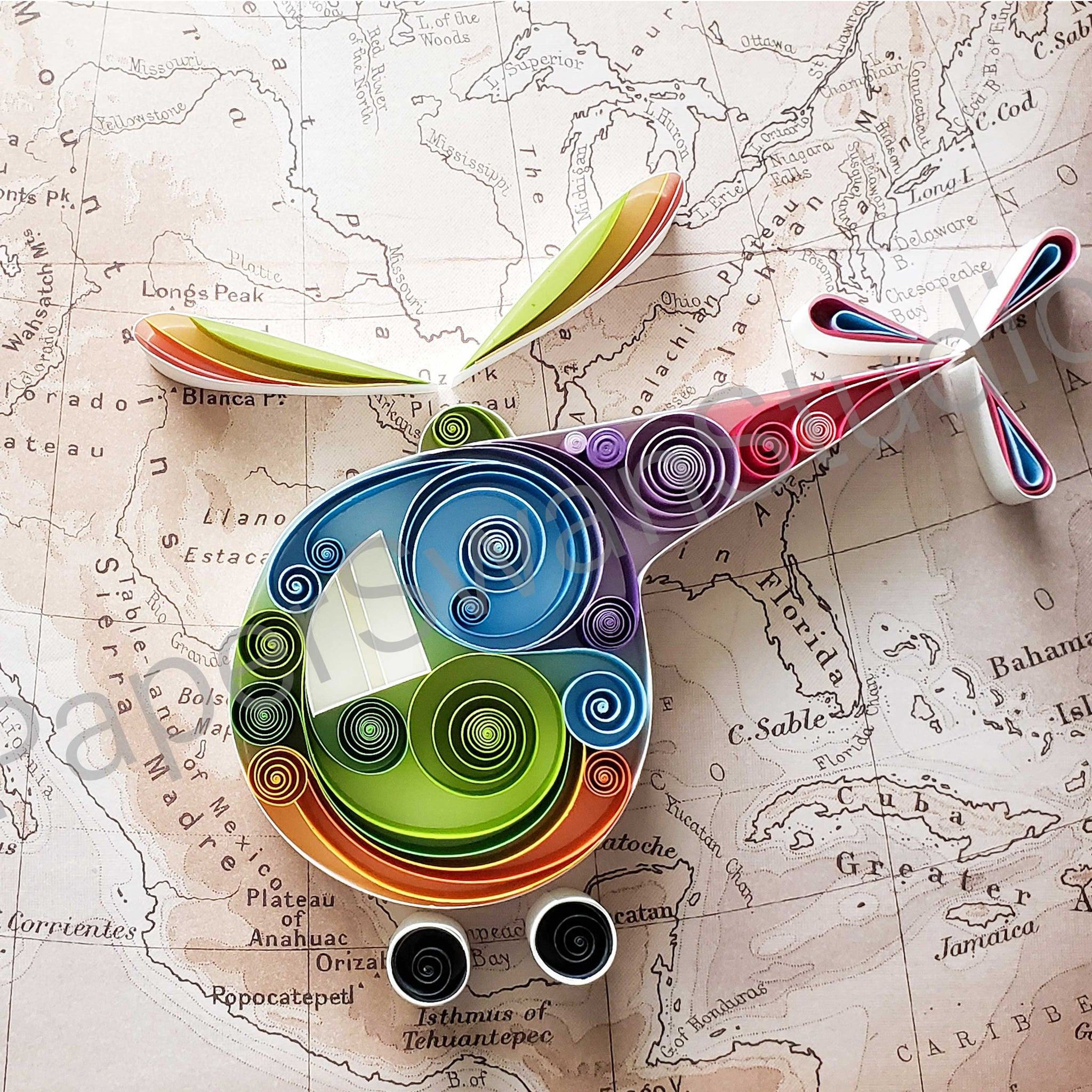 Colorful Helicopter, rainbow themed helicopter on map, for adventurer, gift for him, gift for pilot, for the one who loves to fly, honeymoon planner, Chopper pilot, Gift for her, pop color helicopter