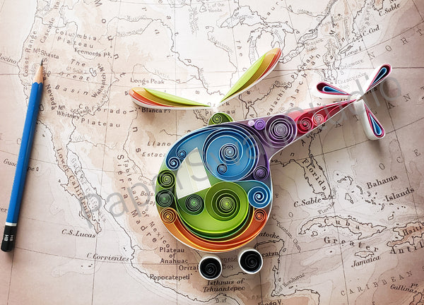 Colorful Helicopter, rainbow themed helicopter on map, for adventurer, gift for him, gift for pilot, for the one who loves to fly, honeymoon planner, Chopper pilot, Gift for her, pop color helicopter