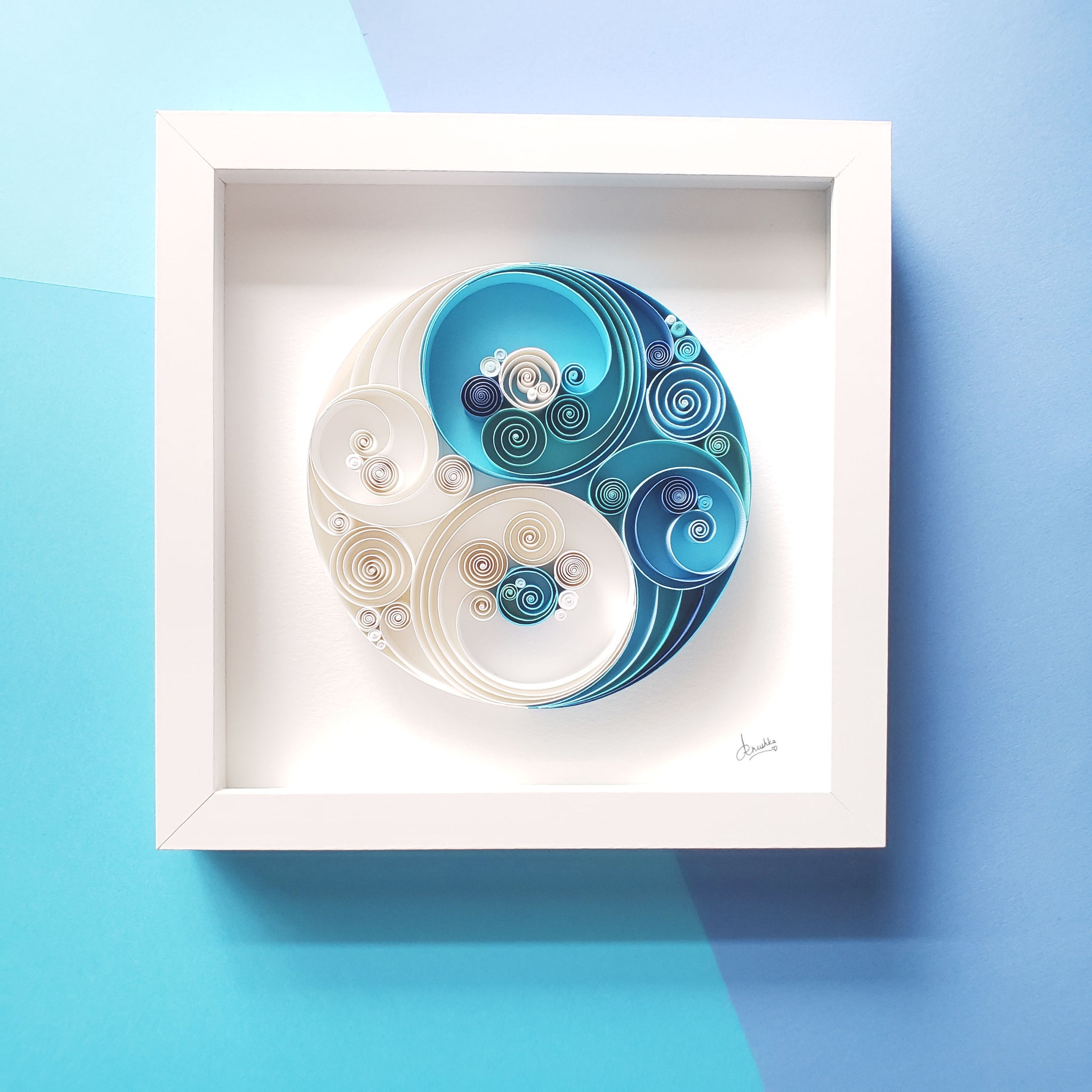 Spiritual gift,Unique Gift.yin yang,blue white art,Birthday Gift,harmony,balance gift,chinese symbol,gift for yoga lover,Wall decor frame, white frame